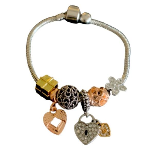 Men’s Mixed Metal Tone Charm Bracelet with Beads, Heart & Flower Charms - Picture 1 of 10